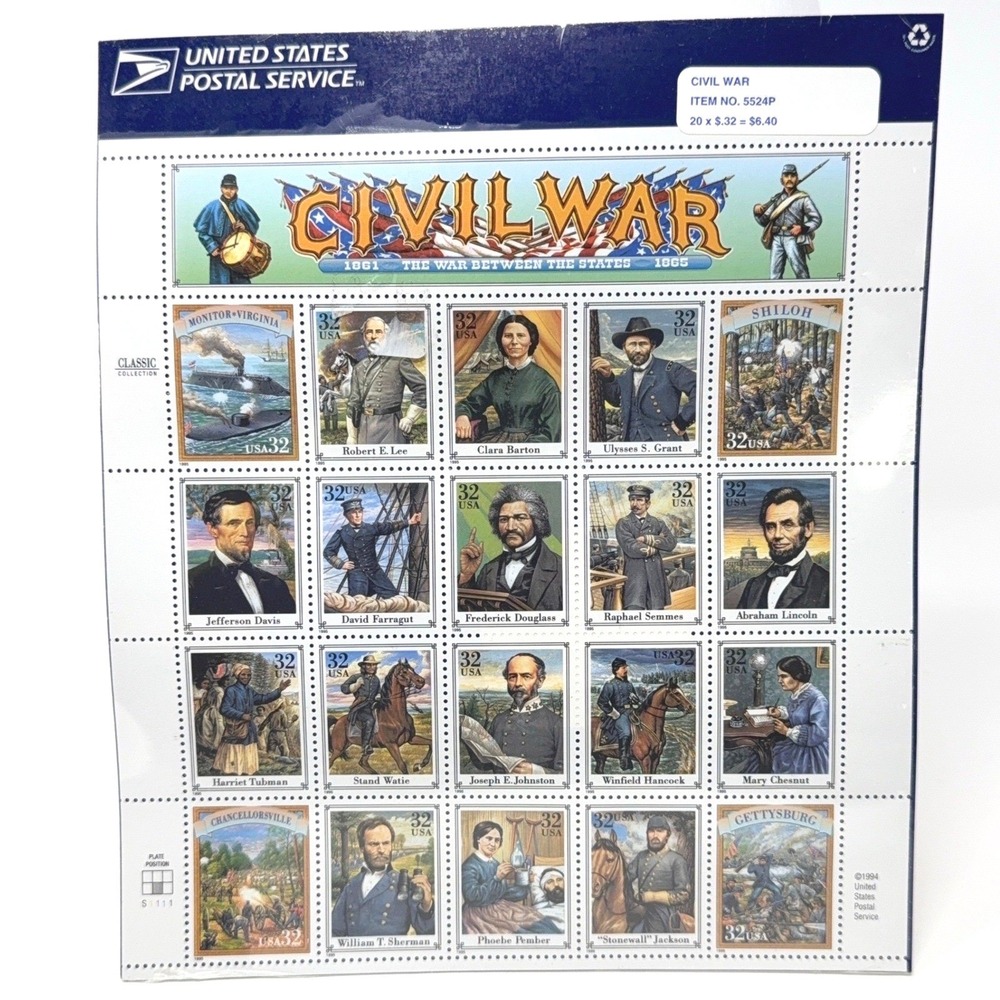 Civil War US MINT NH Sheet of 20 commemorative stamps # 2975 USPS 1995 Lee Davis